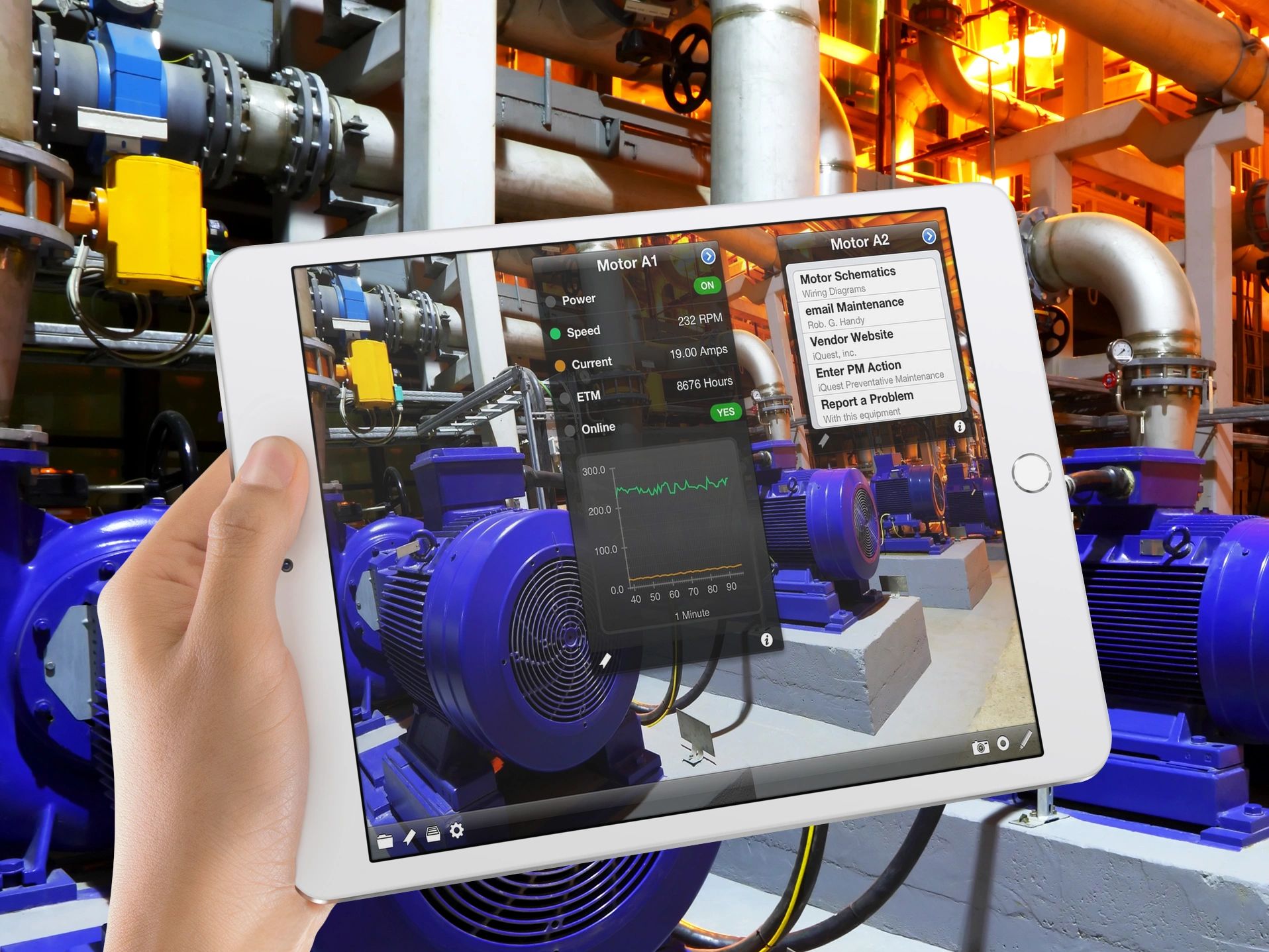 A technician holding a tablet in front of industrial motors; the iQagent app overlays live speed, current and run-hour values, a trend chart, and links to schematics, maintenance email and a problem report form
